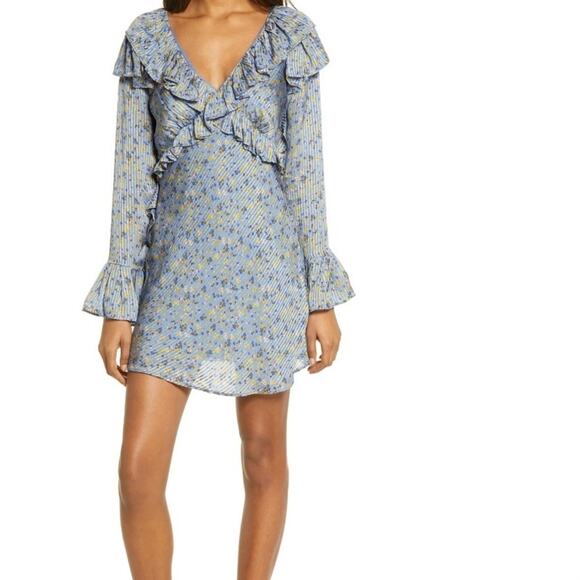 Free People Sweetest Thing Long Sleeve V Neck Dress Blue Floral NEW - Picture 3 of 10